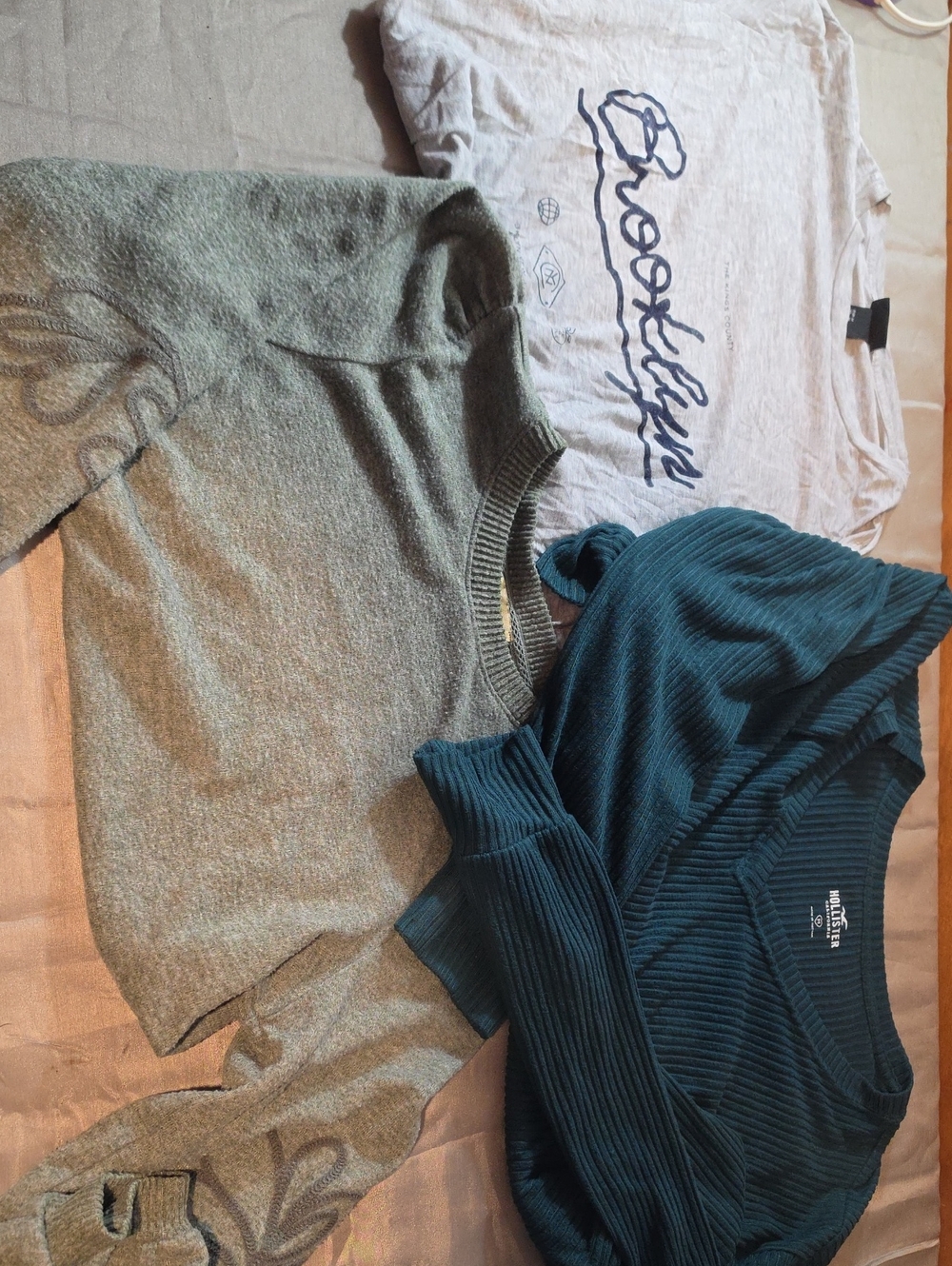 Democracy Olive Green Sweater with Teal Ribbed Top And Bonus Tee Shirt